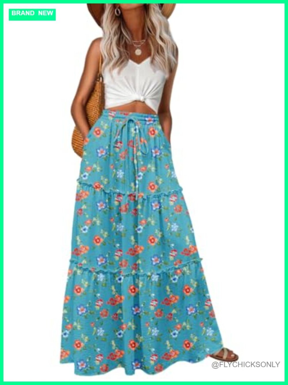 Women's High Waisted Tiered Floral Maxi Skirt with Pockets Flowy Boho Summer